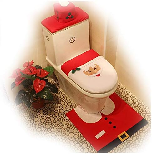 Nadalan Noel Tuvalet Seti Klozet Kapağı ve Kilim Seti Kırmızı Noel Süslemeleri Banyo 3'lü Set (Kırmızı ve beyaz)