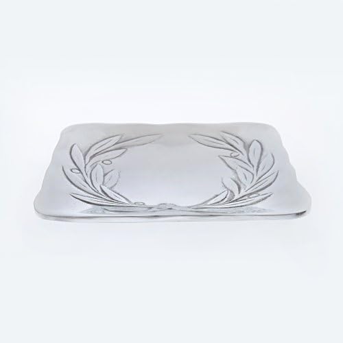 El yapımı Katı Alüminyum Metal, Masa üstü Dekoratif Kare Plaka, Zeytin Çelenk Tasarım, 17x17 cm (6.7x 6.7)