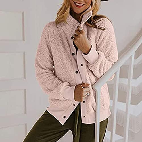 Kadın Kış Tops Trendy Uzun Kollu Katı Renk Sahte Shearlıng Casual Yaka Sıcak Cepler Düğme Dış Giyim Tops Mont
