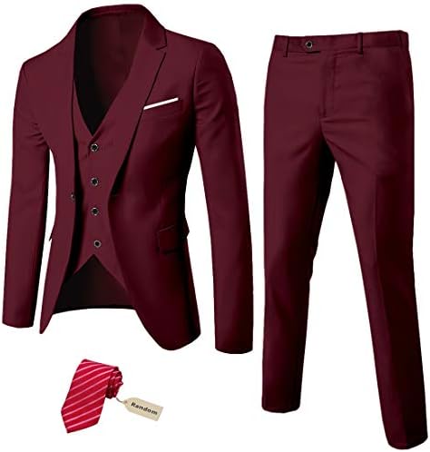 MY'S Erkek 3 Parça Slim Fit Takım Elbise Seti, Kravatlı Tek Düğmeli Katı Ceket Yelek Pantolon