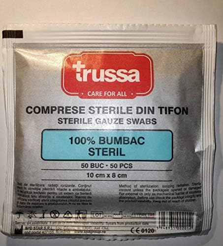 5 Paket x Steril Gazlı bez sıkıştırır, %100 steril Pamuk, 10x8 cm, 50 adet, Trussa