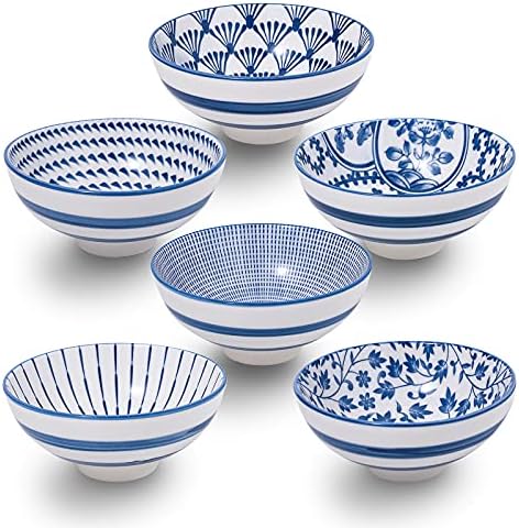 Porselen 10 oz Kase Seti Tahıl,Çorba, Çin Japon Pirinç Kaseleri, 6'lı Set, Beyaz ve Mavi, 601