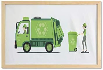 Çerçeveli Ambesonne Çöp Kamyonu Duvar Sanatı, Personel tarafından Yapılan Çöp Toplama Yeşil Tek Renkli Geri Dönüşüm Temalı Karikatür,