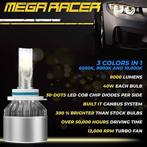 Mega Racer 9006 / HB4 LED Far ampuller, 3 Renk Değiştirme ışıkları (6000 K Elmas Beyaz, 8000 K Buz Mavi, 10000 K Koyu Mavi) Düşük