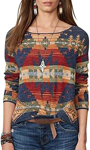 Mayntop Womens Tops Gömlek Örme Artı Boyutu Aztek Retro Etnik Tribal Desen Uzun Kollu Gevşek Jumper Kazak Bluz