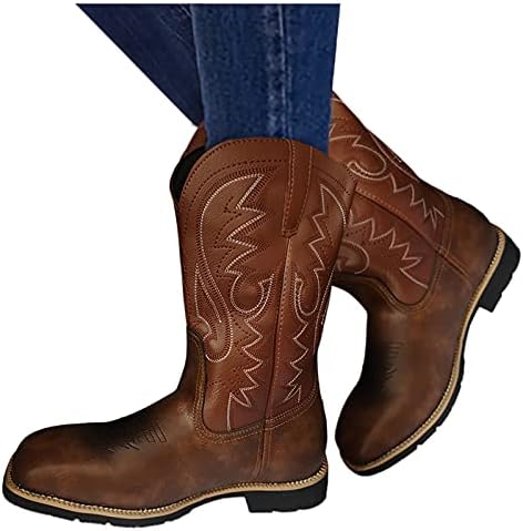 Bayan Ayak Bileği Çizmeler Kovboy Çizmeleri Tıknaz Topuk İşlemeli Vintage Cowgril Kovboy Batı Diz Yüksek Çizmeler