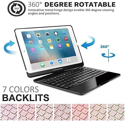 MeiLiio 10.2 inç iPad Klavye Kılıf, 360°Dönen kablosuz Bluetooth Klavye Kılıf ile 7 Renk Alüminyum Arkadan Aydınlatmalı ve Otomatik