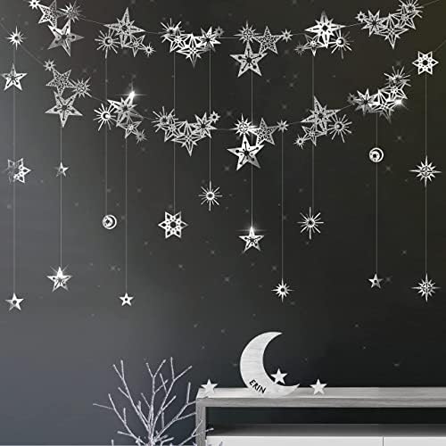 22 Pcs Gümüş Noel Süslemeleri Glitter Yıldız Çelenk Parlak Uzay Dekor Yıldızlı Gece Zemin Güneş Ay Asılı Doğum Günü Süslemeleri