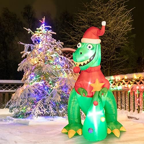 Decorlife dinozor Noel Şişme, 6 FT dinozor Noel süslemeleri ile Noel Baba'nın şapka ve dahili LED ışıkları, noel havaya uçurmak