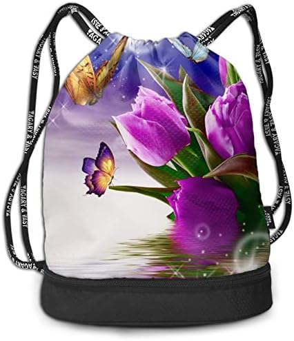 Mor Lale Çiçek Kelebek İpli sırt çantası Spor spor çantası Unisex Spor Sırt Çantası Çok Fonksiyonlu Işın Ağız Sırt Çantası