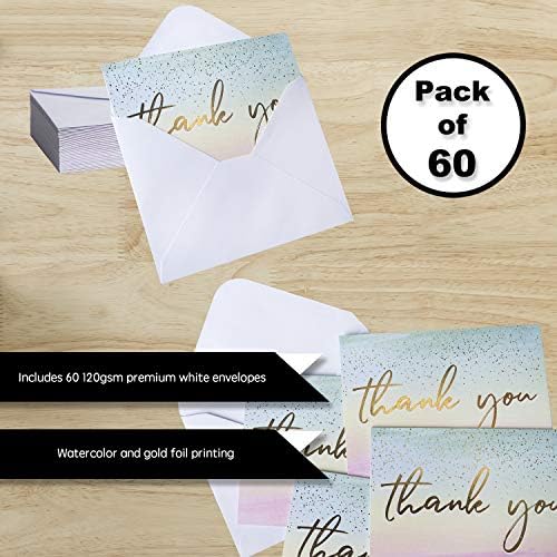 【60 Paket】 Teşekkür Kartları-Altın Sprinkles Arka Plan ve Altın Folyo Harfli Zarif Suluboya Teşekkür Kartları - Bebek Duşu, İş,