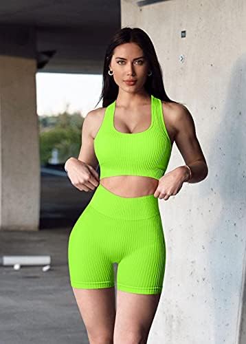 Stylishine Kadınlar Dikişsiz Egzersiz Kıyafetleri 2 Parça Set Kolsuz Kırpma Üstleri Racerback Spor Sutyen Yüksek Bel Şort Yoga