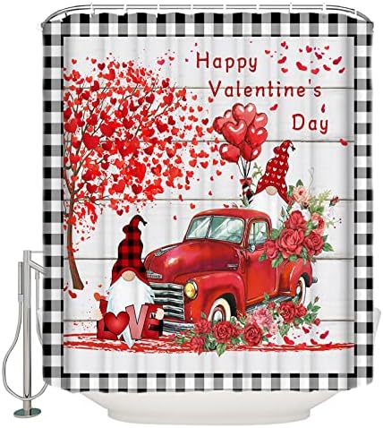 Mutlu Valetine Günü Durak Duş Perdeleri 12 Hooks ile Set-60x72 İnç Banyo Perdeleri, kırmızı Kamyon Çekme Gnomes Aşk Güller Siyah