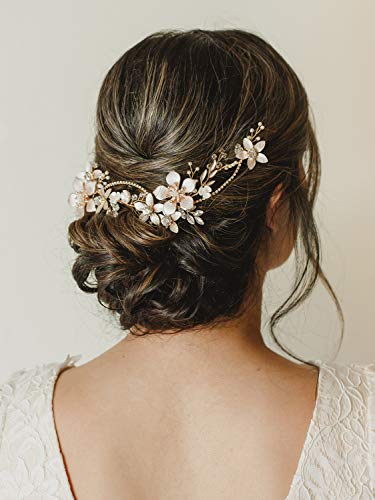 SWEETV Altın Gelin Headpieces Gelin Çiçek Düğün Kafa Bandı Saç Vine Kristal Saç Parçaları Kadınlar için