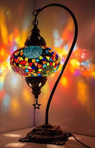 (33 Renk) DEMMEX Türk Fas Mozaik Masa Lambası ile ABD Plug & Soket, Kuğu Boyun El Yapımı Masa Başucu Masa Gece Lambası Dekoratif