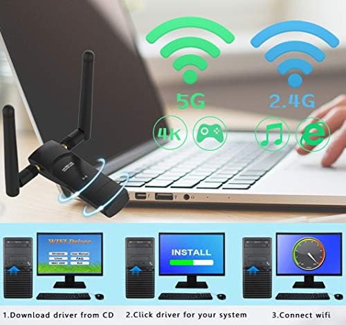 1200 Mbps WiFi USB Adaptörü WiFi Dongle 802.11 ac Kablosuz Ağ Adaptörü ile Çift Bant 2.42 GHz/300 Mbps 5.8 GHz / 866 Mbps 5dBi