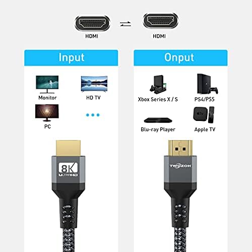 Twozoh 8 K HDMI 2.1 Kablo 15FT, 48 Gbps Yüksek Hızlı HDMI HDMI Örgülü Kordon, 8K@60Hz, 4K @ 120HZ&ARC için Apple TV, Roku, Yangın