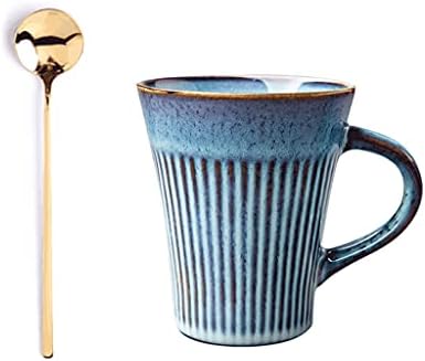 Taşınabilir Seramik Kupa Flare Seramik Kahve Kupa Ve Kaşık Seti, Kabartmalı Dikey Çizgili Vintage Kahve Kupa 250 ML, Mikrodalgada