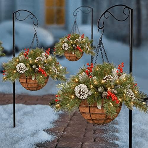 XHMJ Noel asılı sepet çelenk, Led dize ışıkları, asılı çiçek sepeti, suni çam kozalakları ve meyveleri ile kahverengi