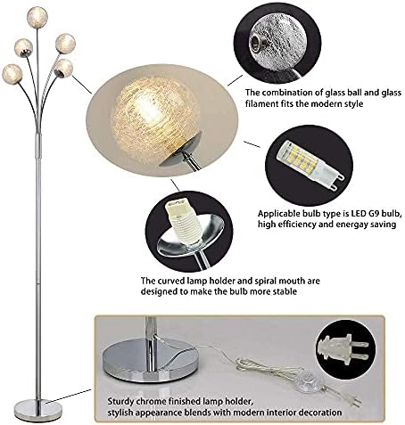 Oturma Odası için Modern Küre LED Zemin Lambaları-Yatak Odası için 5 Işıklı DLLT Ayaklı Lambalar, Orta Yüzyıl için Uzun Kutup