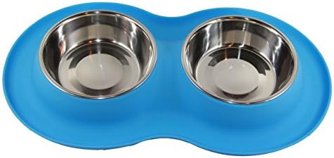 Silikon Standında Çift Paslanmaz Çelik Yiyecek veya Su Kabı, Köpek veya Kedi için, Orta (Mavi)