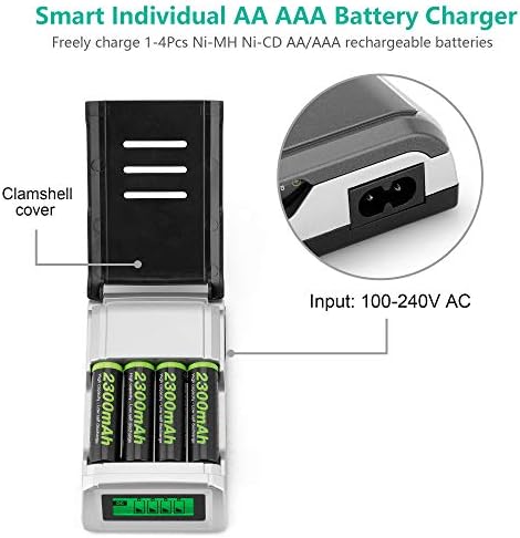 AA AAA Pil Şarj Cihazı Paketi, LP 4 Bölmeli Bağımsız Yuvalı LCD Şarj Cihazı ve 4'lü Paket 2300mAh AA ve 4'lü Paket 1000mAh AAA