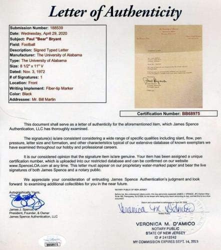 Paul Bear Bryant Jsa Coa İmzalı 1972 Alabama Mektubu-Üniversite Kesim İmzaları