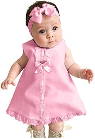 Yenidoğan Bebek Kız Kolsuz Elbise Rahat Düz Renk Elbise Maxi Yay Crewneck Elbise + Kafa Seti Kıyafet 0-24 M
