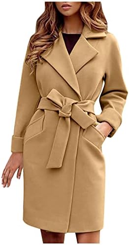 Palto Kadınlar ıçin Moda Rahat Kış Ceket Şık Yaka Orta Uzunlukta Ince Katı Dış Giyim Çalışma Trençkot ıle Kemer