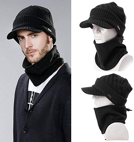 Jeff & Aimy Yün Vizör Bere Erkekler için Kış Örgü Şapka Eşarp Setleri Boyun Maskesi