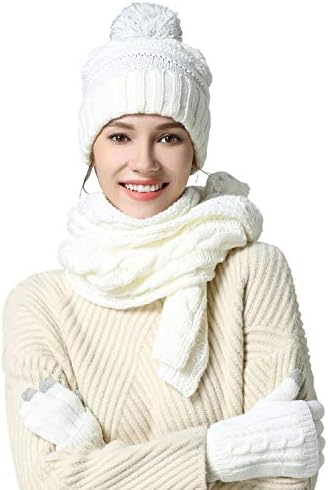 Sıcak Eşarp Eldiven Şapka Bere Seti-Kablo Örgü Kış Hediye Seti Pom Kap Dokunmatik ekran eldiveni Uzun Eşarp 3 ADET Set Kadınlar
