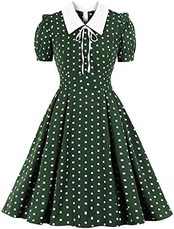 Kadın Vintage Polka Dot Flared A Hattı Salıncak Rahat Kokteyl Parti Elbiseleri Rahat Yaka Puf Kısa Kollu Elbise