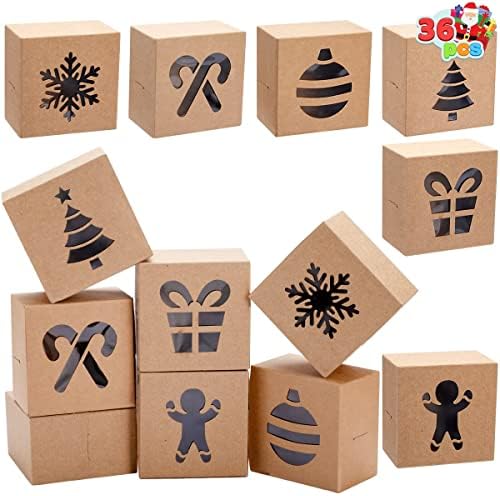 JOYIN 36 Pcs Noel Çerez Kutuları, kahverengi Kraft Tedavi Kutuları ile Pencere 4 x 4 x 2.5 Ekmek Hediye çarpıtma Kutusu için