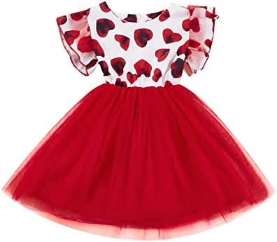 Cudilica Toddler Bebek Kız sevgililer Günü Elbise Fly Kollu Aşk Kalp Baskı Çocuklar Patchwork Tül Prenses Elbiseler