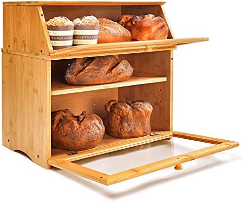 Enjahomx Mutfak Tezgahı için Büyük 3 Katmanlı Ekmek Kutusu-Şeffaf Pencereli ve Ayarlanabilir Raflı Bambu Ekmek Kutusu-Çiftlik
