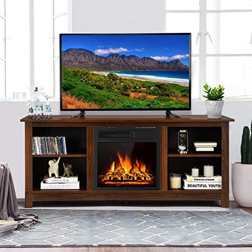 65 İnç'e kadar TV'ler için Tangkula Şömine TV Sehpası, 58 inç Medya Konsol Masası w/ Şömine, 1500W Elektrikli Şömine Sobası TV