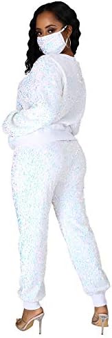 THLAI Kadın Artı Boyutu 2 Parça Kıyafetler Glitter Sequins Kazak ve Pantolon Seti Metalik Parlak Clubwear ıle Maske S-5XL