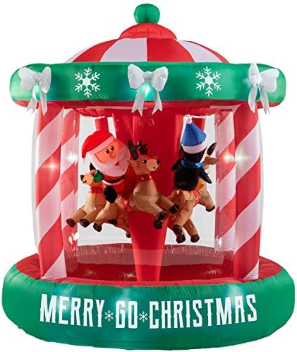 Gemmy 7 Ft. Airblown Şişme Santa Sürme Ren Geyiği Noel Animasyonlu Dönen Atlıkarınca Açık Tatil Dekorasyon