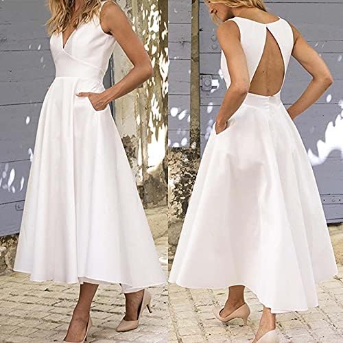 happyYEE Parti Zarif Elbise için Kadın Kolsuz Derin V Yaka Etek Katı Backless Hollow Cep Elbise Ayak Bileği-Uzunluk Elbise